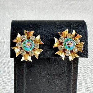 Guilloché Floral Earrings, Vintage Gold Screw-Back